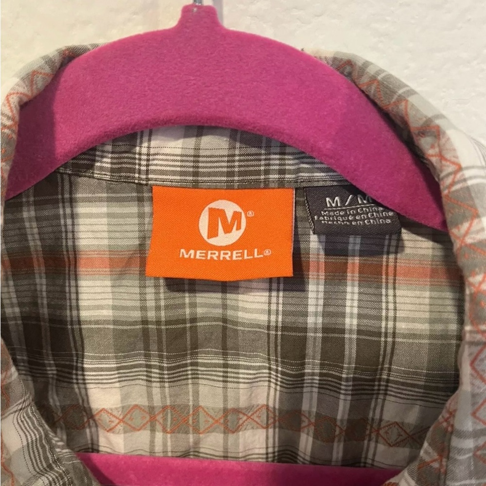 Merrell Men’s Brown Orange Plaid Shirt Sleeve Button Down Shirt Size Medium EUC - Picture 3 of 5